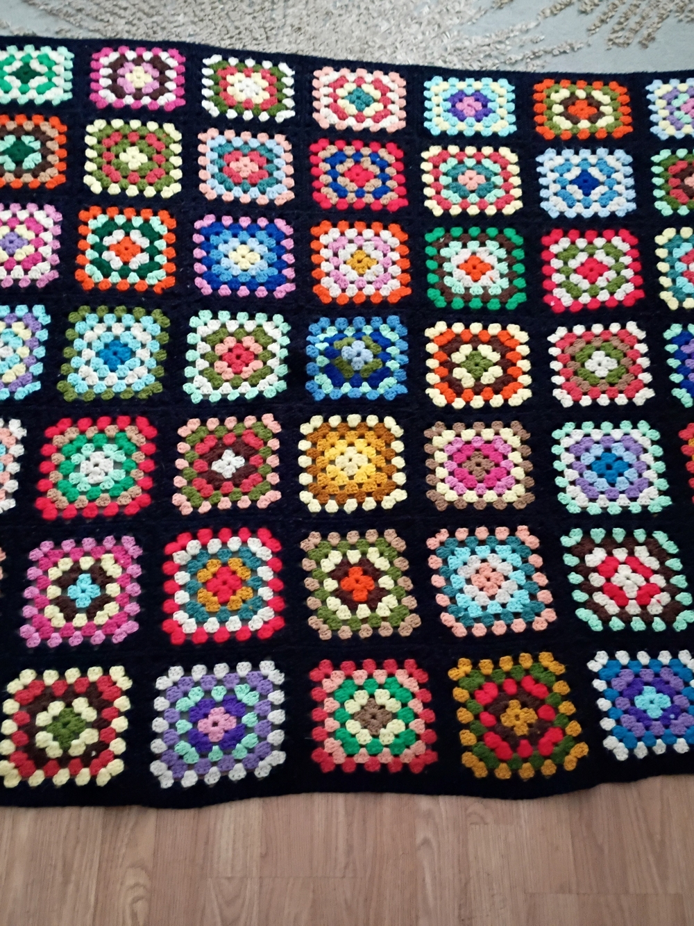 Hand Crafted Navy Blue Multicolor Crochet Granny Square Blanket 50" X 60"